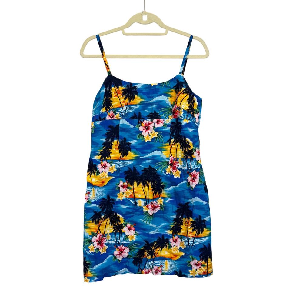 VTG Pacific Legend Mini Tank Dress L Blue Floral Hawaiian Boho Tropical Cottage